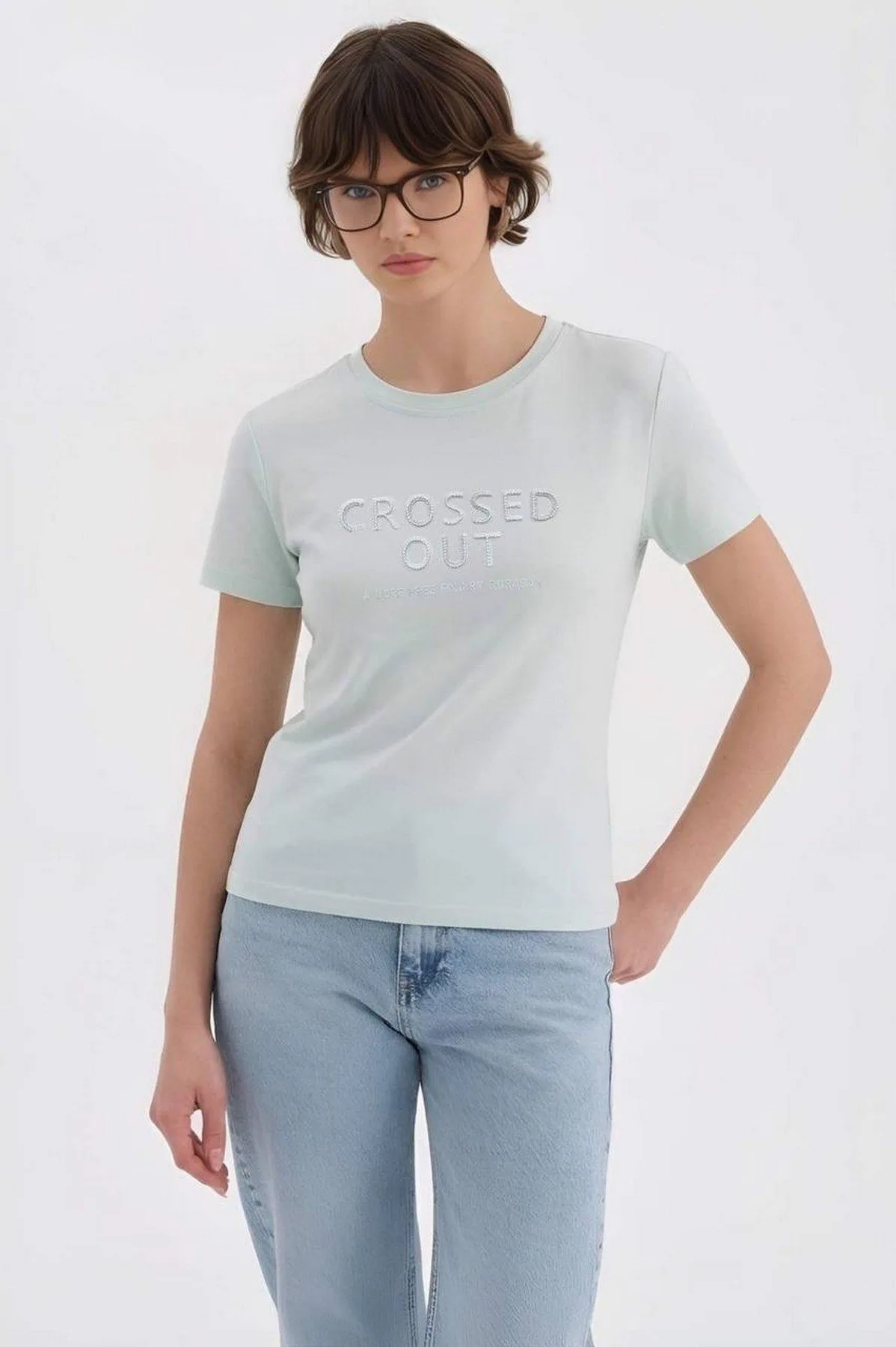 CROSSED OUT BONCUK YAZI NAKIŞ PAMUK TİŞÖRT - MAVİ - Görsel 1