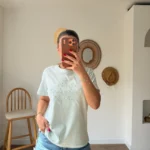 STYLİSH BONCUK NAKIŞ İŞLEME BİSİKLET YAKA PAMUK TİŞÖRT - MAVİ