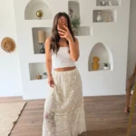 BEL LASTİK KISA ASTARLI BRODELİ DESENLİ PAMUK ETEK - NATUREL