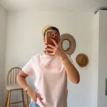 AMBERLY PUL BONCUK YAZI NAKIŞ BİSİKLET YAKA PAMUK TİŞÖRT - PEMBE