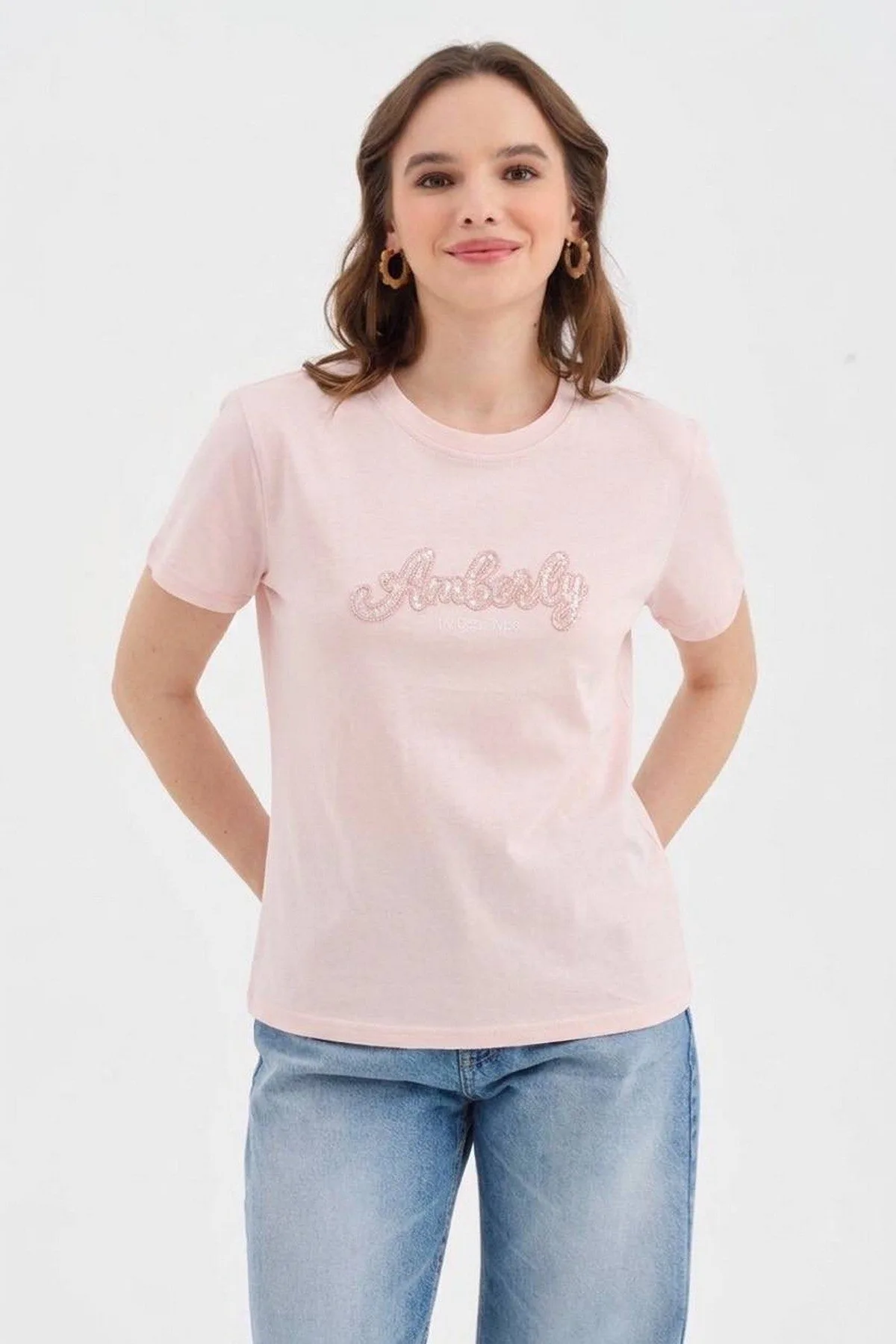 AMBERLY PUL BONCUK YAZI NAKIŞ BİSİKLET YAKA PAMUK TİŞÖRT - PEMBE - Görsel 1