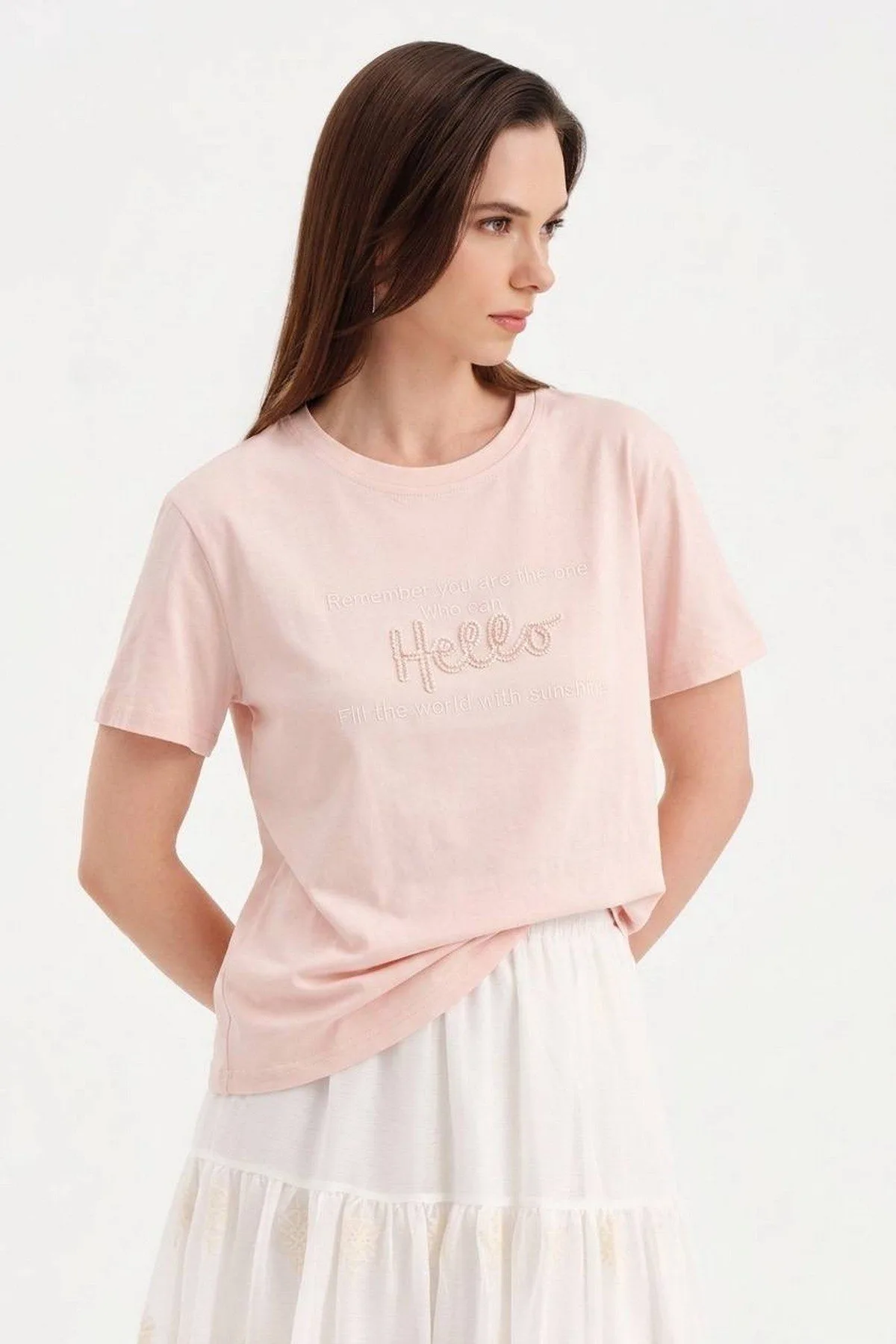 HELLO BONCUK YAZI NAKIŞ BİSİKLET YAKA PAMUK TİŞÖRT - PEMBE - Görsel 1