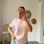 STYLİSH BONCUK NAKIŞ İŞLEME BİSİKLET YAKA PAMUK TİŞÖRT - PEMBE