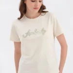 AMBERLY PUL BONCUK YAZI NAKIŞ BİSİKLET YAKA PAMUK TİŞÖRT - SARI