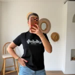 AMBERLY PUL BONCUK YAZI NAKIŞ BİSİKLET YAKA PAMUK TİŞÖRT - SİYAH
