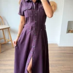 ARKA BEL LASTİK CEPLİ DÜĞMELİ TENCEL KETEN MAXİ ELBİSE - MÜRDÜM
