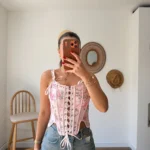 ÖN VE OMUZ BAĞLAMALI ÇİÇEK DESEN LİKRALI KORSE - PEMBE