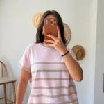 BİSİKLET YAKA DÜŞÜK KOL SİM ÇİZGİ VİSKON TRİKO - PEMBE BEJ