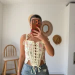 ÖN VE OMUZ BAĞLAMALI ÇİÇEK DESEN LİKRALI KORSE - SARI
