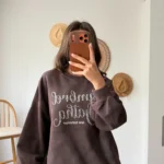 SAMBREL BONCUK YAZI EFEKTLİ  PAMUK SALAŞ SWEAT - KAHVE