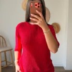 BİSİKLET YAKA KISA KOL AJURLU VİSKON TRİKO - KIRMIZI