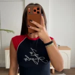 LOS ANGELES YAZI NAKIŞ REGLAN KOL CROP PAMUK TİŞÖRT - LACİVERT