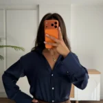 V YAKA BASİC SATEN GÖMLEK - LACİVERT