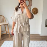 FERMUARLI CEP DETAY BEL BÜZGÜ CEKET PANTOLON TENCEL TAKIM - NATUREL